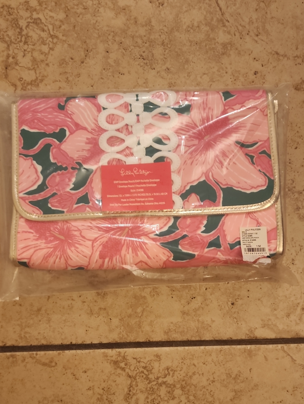 Lilly Pulitzer Coral Pink & Teal Floral Envelope Pouch with Gold Trim